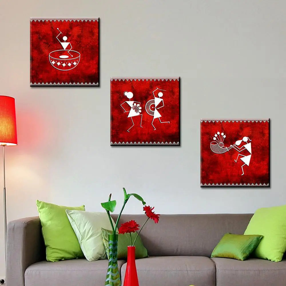 Warli Folk Art Painting Wall Hanging, Set of 3 Pieces