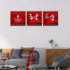 Warli Folk Art Painting Wall Hanging, Set of 3 Pieces