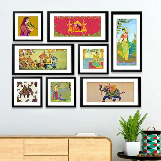 Madhubani Art Collage Picture Wall Frame Set of 8