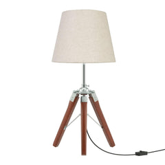 Tripod Table Lamp Wooden Brown Polished and Stainless Steel 19 Inches Height with 10 inches Off White Lampshade