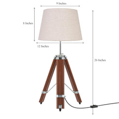 Tripod Table Lamp Wooden Brown Polished and Stainless Steel 24 Inches Adjustable Height with 12 inches Off White Lampshade