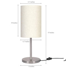 Bedroom Table Lamp Sleek Silver 19 inches Height with Off White Cylinder Lampshade