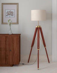 Wooden Tripod Floor Lamp 3 Legs Standing Brown Polished Brass Antique Adjustable 5ft Height with 16 inches Off White Drum Lampshade