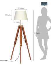 Wooden Tripod Floor Lamp 3 Legs Standing Brown Polished Brass Antique Adjustable 5ft Height with 16 inches Off White Lampshade