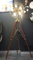 Tripod Floor Lamp Standing with Moveable Wheel 5 Light Fan Wooden Brown Polished and Brass Antique Gold Finish Adjustable 5ft Height