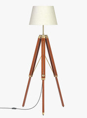 Wooden Tripod Floor Lamp 3 Legs Standing Brown Polished Brass Antique Adjustable 5ft Height with 16 inches Off White Lampshade