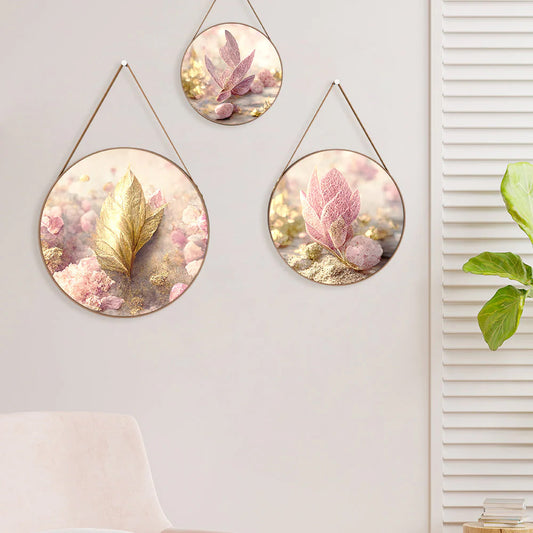 Blush Pink Leaves Round Framed Wall Art Set of 3
