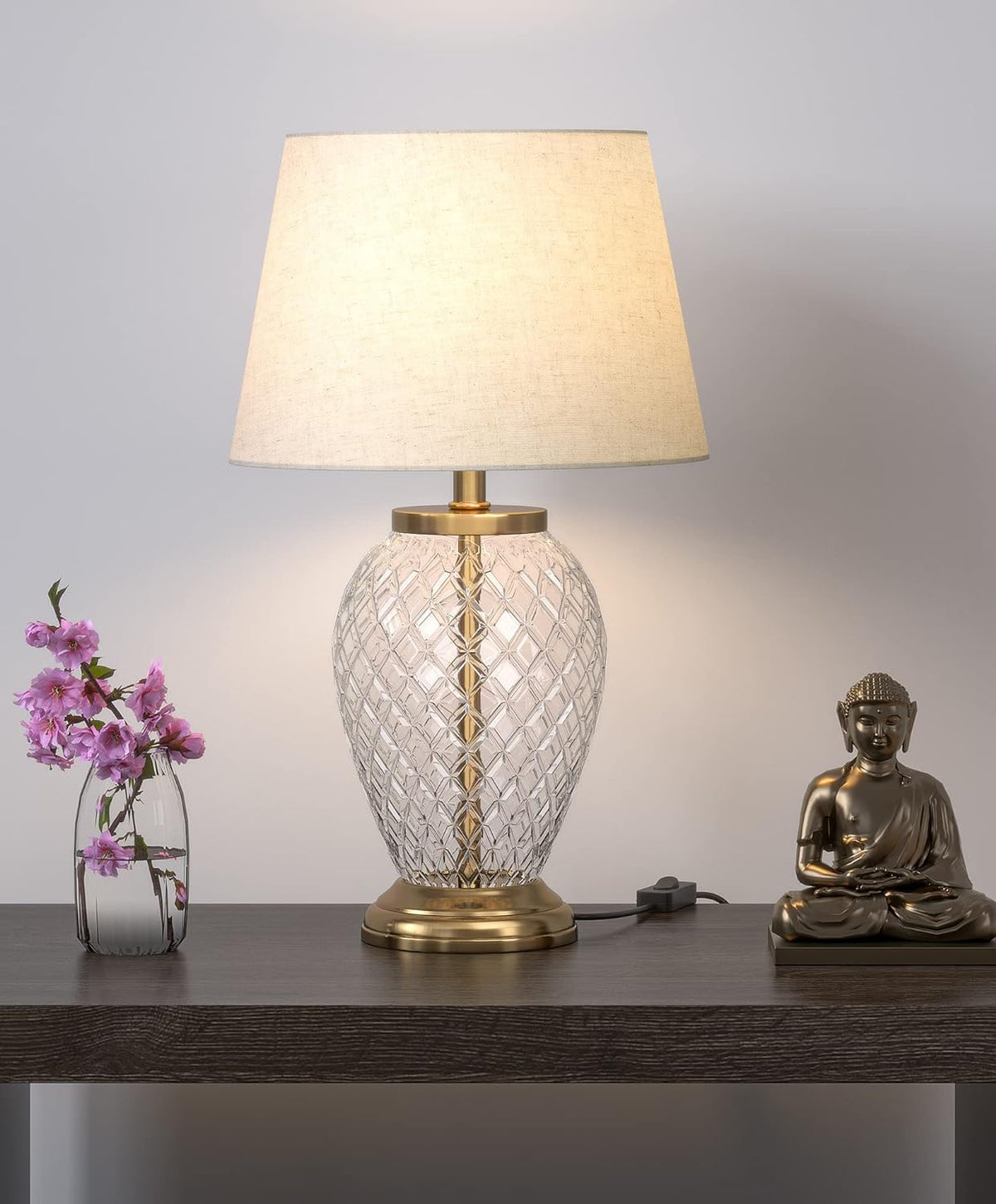 Diamond Cut Glass Table Lamp Brass Antique Finish 19 Inches Height With Off White 12 Inches Diameter Lampshade