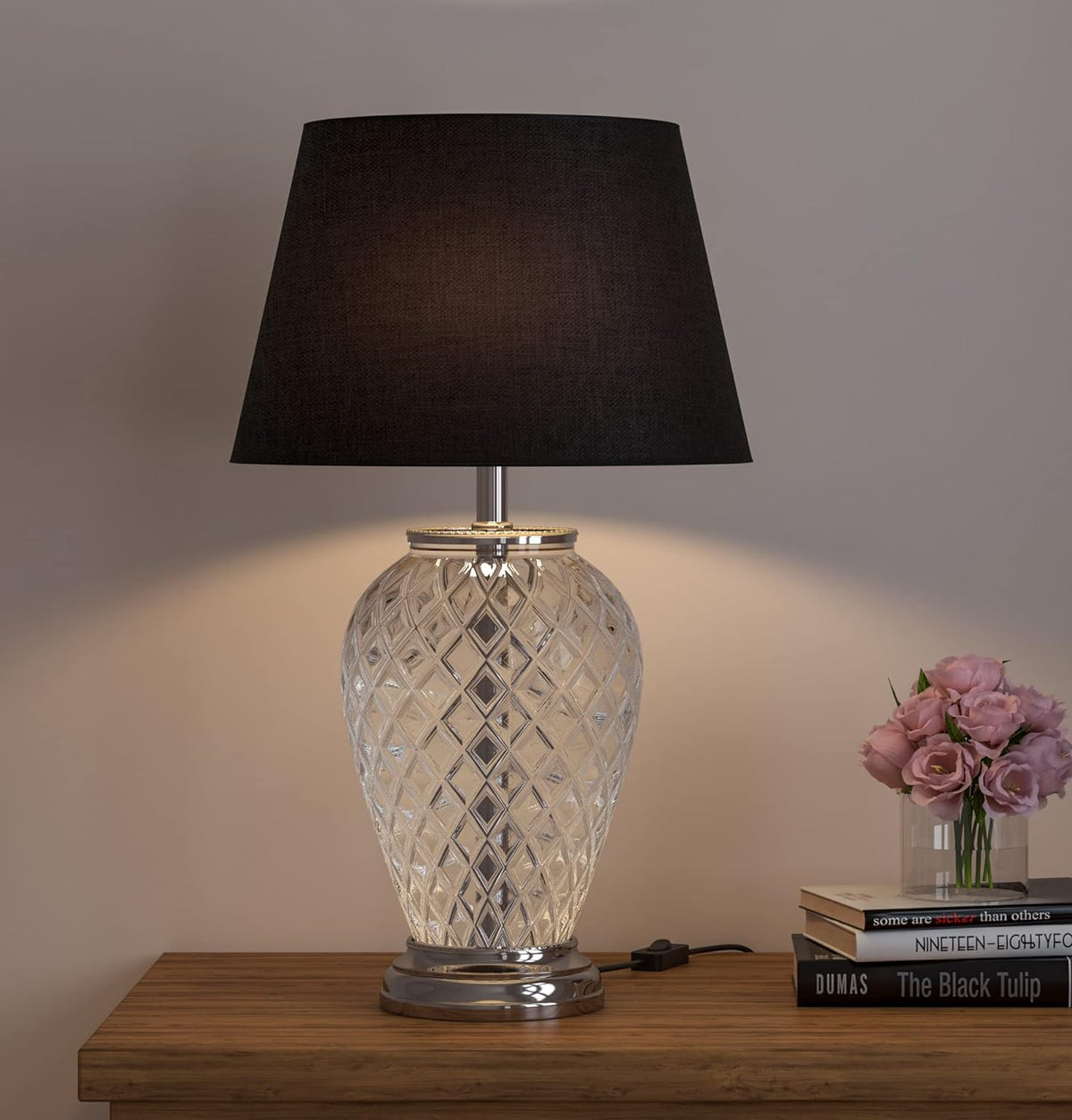 Diamond Cut Glass Table Lamp Silver Finish 23 Inches Height With Black 14 Inches Diameter Lampshade