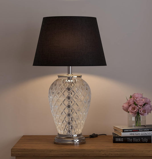 Diamond Cut Glass Table Lamp Silver Finish 23 Inches Height With Black 14 Inches Diameter Lampshade
