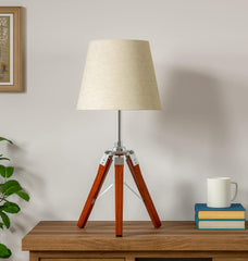 Tripod Table Lamp Wooden Brown Polished and Stainless Steel 19 Inches Height with 10 inches Off White Lampshade