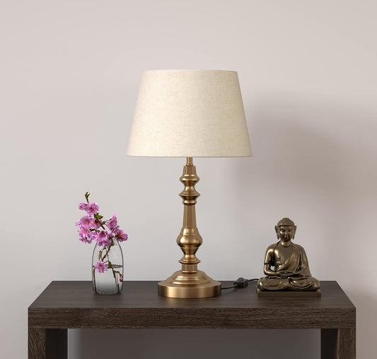 Table Lamp Brass Antique Gold 21 inches Height with Off White 12 inches Diameter Lampshade