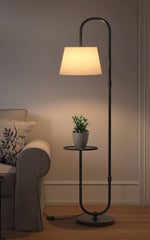 Modern Shelf Floor Lamp Standing Black 5ft Height with 10 Inches Shelf Diameter and Off White Lampshade