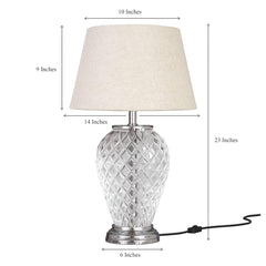 Diamond Cut Glass Table Lamp Silver Finish 19 Inches Height With Off White 12 Inches Diameter Lampshade