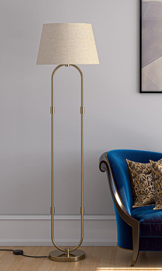 Modern Loop Floor Lamp Standing Brass Antique 5ft Height with Off White Lampshade 16 inches