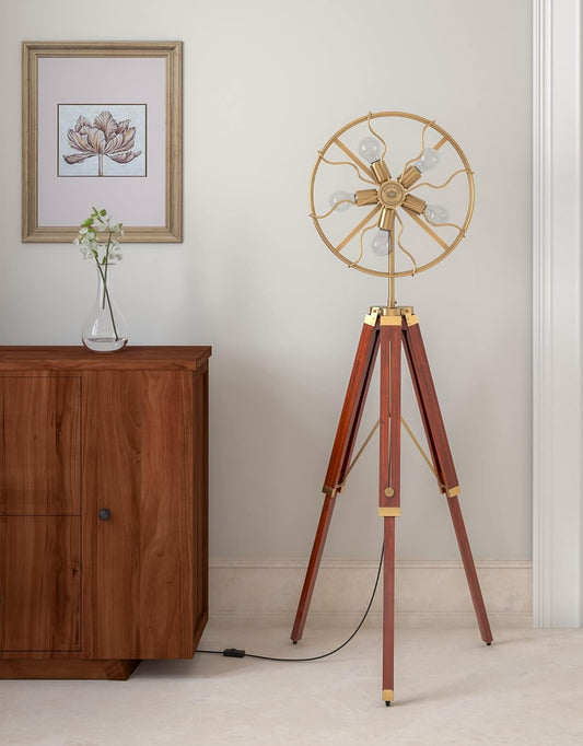 Tripod Floor Lamp Standing with Moveable Wheel 5 Light Fan Wooden Brown Polished and Brass Antique Gold Finish Adjustable 5ft Height