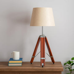 Tripod Table Lamp Wooden Brown Polished and Stainless Steel 24 Inches Adjustable Height with 12 inches Off White Lampshade