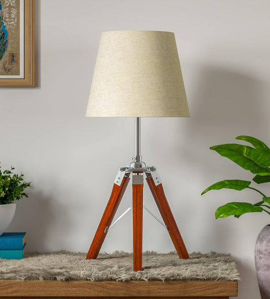 Tripod Table Lamp Wooden Brown Polished and Stainless Steel 19 Inches Height with 10 inches Off White Lampshade