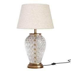 Royal Pure Brass Antique And Diamond Cut Glass Table Lamp 23 Inches Height With Off White 14 Inches Diameter Lampshade