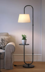 Modern Shelf Floor Lamp Standing Black 5ft Height with 10 Inches Shelf Diameter and Off White Lampshade