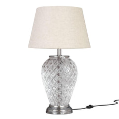 Diamond Cut Glass Table Lamp Silver Finish 19 Inches Height With Off White 12 Inches Diameter Lampshade