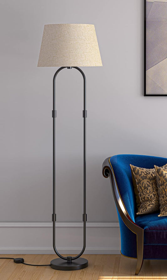 Modern Loop Floor Lamp Standing Black 5ft Height with Off White Lampshade 16 inches