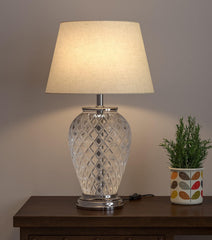 Diamond Cut Glass Table Lamp Silver Finish 19 Inches Height With Off White 12 Inches Diameter Lampshade