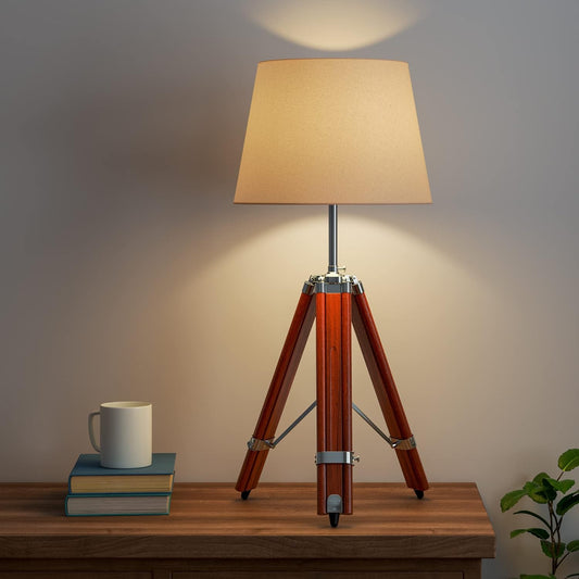 Tripod Table Lamp Wooden Brown Polished and Stainless Steel 24 Inches Adjustable Height with 12 inches Off White Lampshade