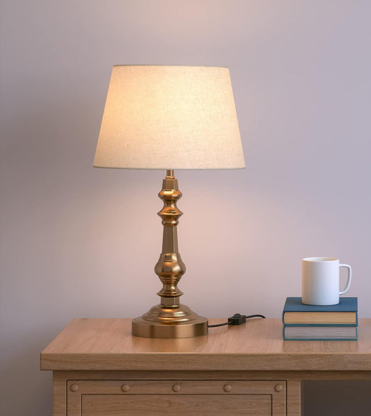 Table Lamp Brass Antique Gold 21 inches Height with Off White 12 inches Diameter Lampshade