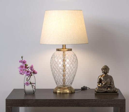 Diamond Cut Glass Table Lamp Brass Antique Finish 19 Inches Height With Off White 12 Inches Diameter Lampshade
