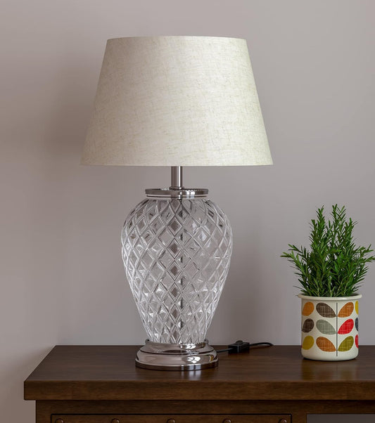 Diamond Cut Glass Table Lamp Silver Finish 23 Inches Height With Off White 14 Inches Diameter Lampshade