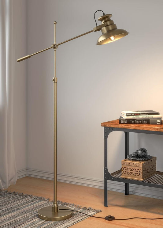 Modern Reading Task Floor Lamp Standing Focused Light Moveable and Adjustable Height Brass Antique finish