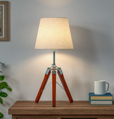 Tripod Table Lamp Wooden Brown Polished and Stainless Steel 19 Inches Height with 10 inches Off White Lampshade