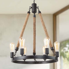 Chandeliers Rustic Round Wagon Wheel 6-Light Fixture with Rope