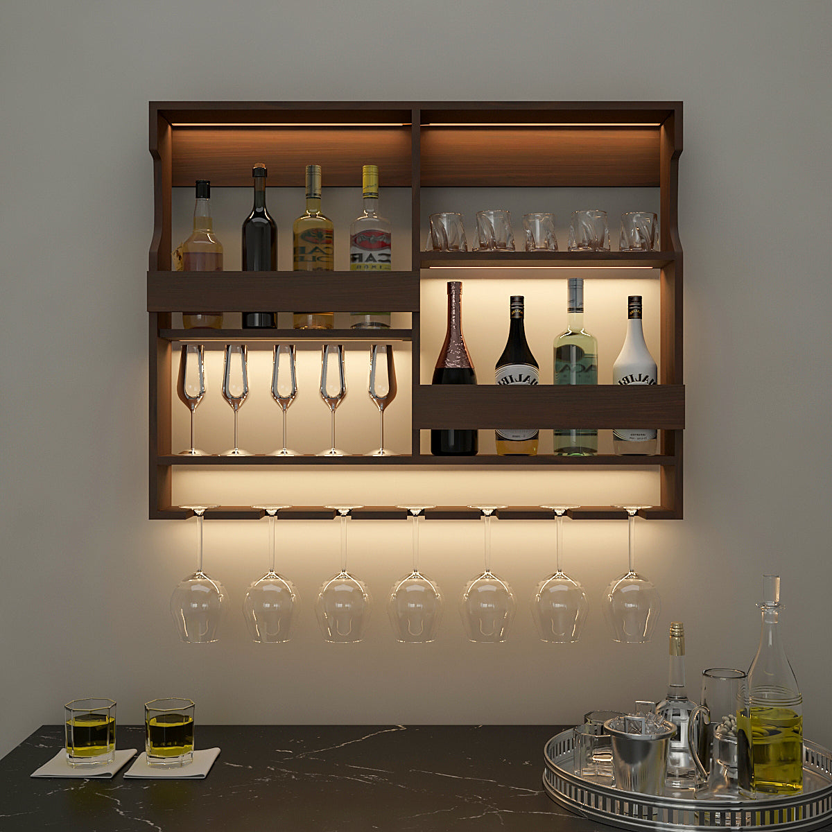 Luxurious Chocolate-Coloured Wooden Bar Wall Shelf / Mini Bar Cabinet