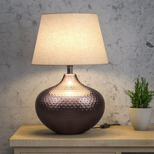 Hammered Table Lamp Copper Antique 21 Inches Height With Off White 14 Inches Diameter Lampshade