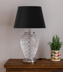 Diamond Cut Glass Table Lamp Silver Finish 23 Inches Height With Black 14 Inches Diameter Lampshade