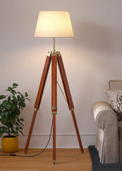 Wooden Tripod Floor Lamp 3 Legs Standing Brown Polished Brass Antique Adjustable 5ft Height with 16 inches Off White Lampshade