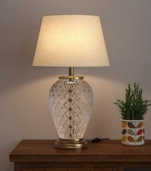 Royal Pure Brass Antique And Diamond Cut Glass Table Lamp 23 Inches Height With Off White 14 Inches Diameter Lampshade