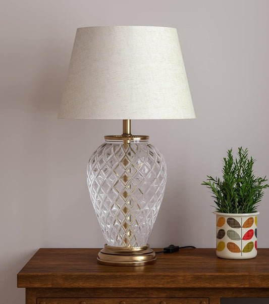 Royal Pure Brass Antique And Diamond Cut Glass Table Lamp 23 Inches Height With Off White 14 Inches Diameter Lampshade