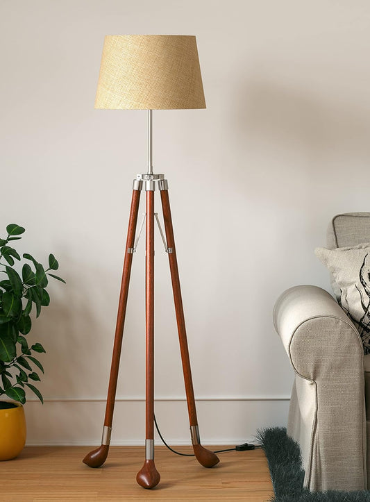 Golf Legs Tripod Floor Lamp Standing Wooden Brown Polished Silver with 12 Inches Jute Lampshade