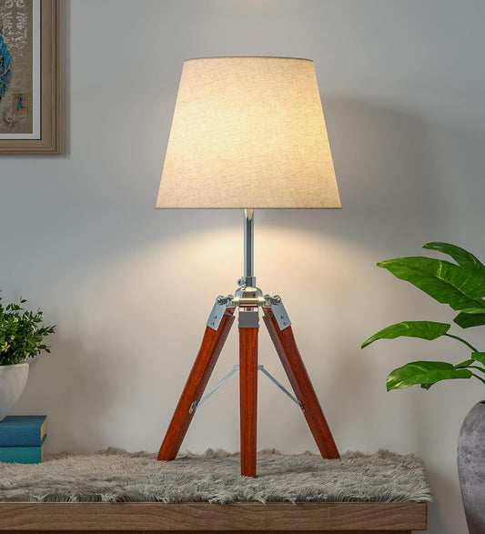 Tripod Table Lamp Wooden Brown Polished and Stainless Steel 19 Inches Height with 10 inches Off White Lampshade