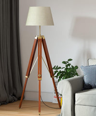 Wooden Tripod Floor Lamp 3 Legs Standing Brown Polished Brass Antique Adjustable 5ft Height with 16 inches Off White Lampshade