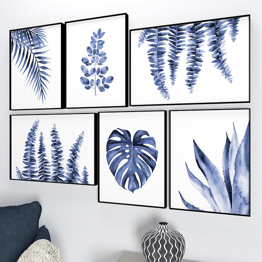 Ink Blue Tropical Ferns Wall Frame Set of 6