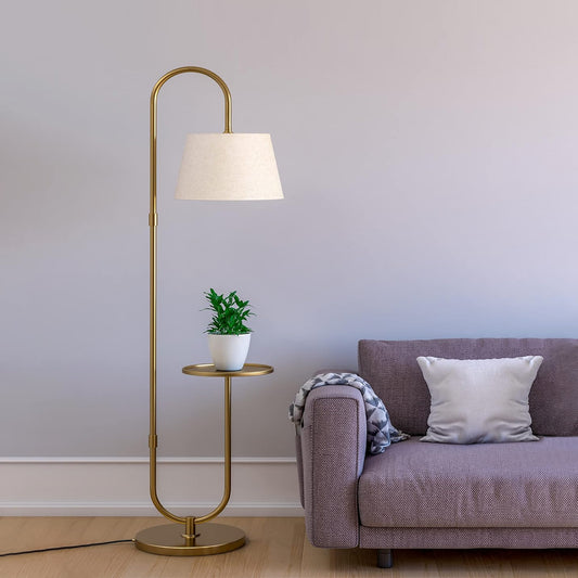 Modern Shelf Floor Lamp Standing Brass Antique 5ft Height with 10 Inches Shelf Diameter and Off White Lampshade