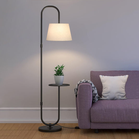 Modern Shelf Floor Lamp Standing Black 5ft Height with 10 Inches Shelf Diameter and Off White Lampshade