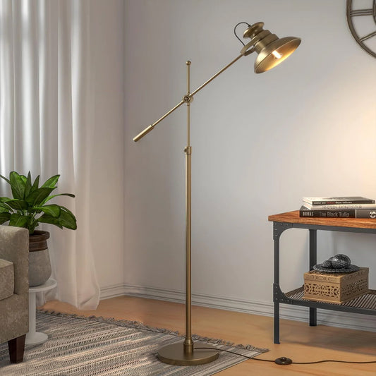 Modern Reading Task Floor Lamp Standing Focused Light Moveable and Adjustable Height Brass Antique finish