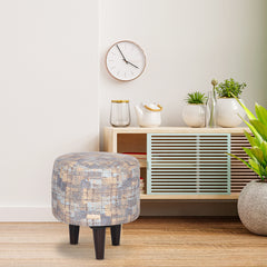 Round Printed  Ottoman With Wooden Leg Stool