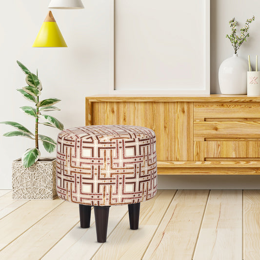 Round Printed  Ottoman With Wooden Leg Stool