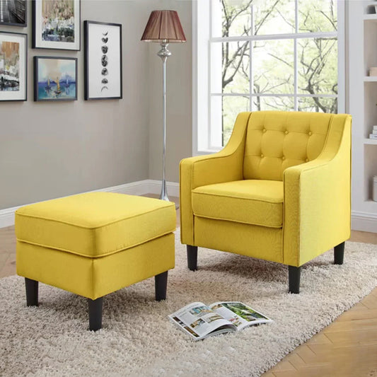 Yellow Tufted Comfy Lounge Chair With Ottoman